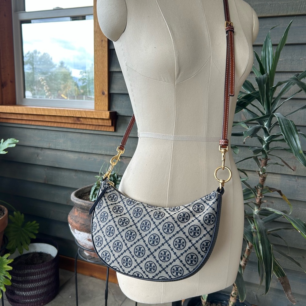 Tory Burch T Monogram Jacquard Mini Hobo Crescent Crossbody Bag Navy Blue